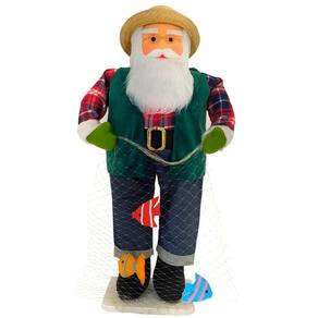 Boneco Natalino Papai Noel Pescador Pesca Rede Peixe De 83cm