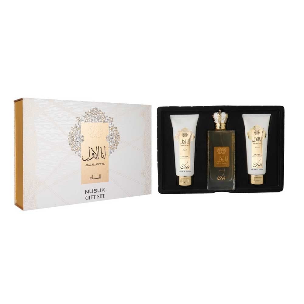 Kit Perfume Ana Al Awwal Golden Nusuk Edp Feminino 100ml + Shower Gel 100ml + Body Lotion 100ml