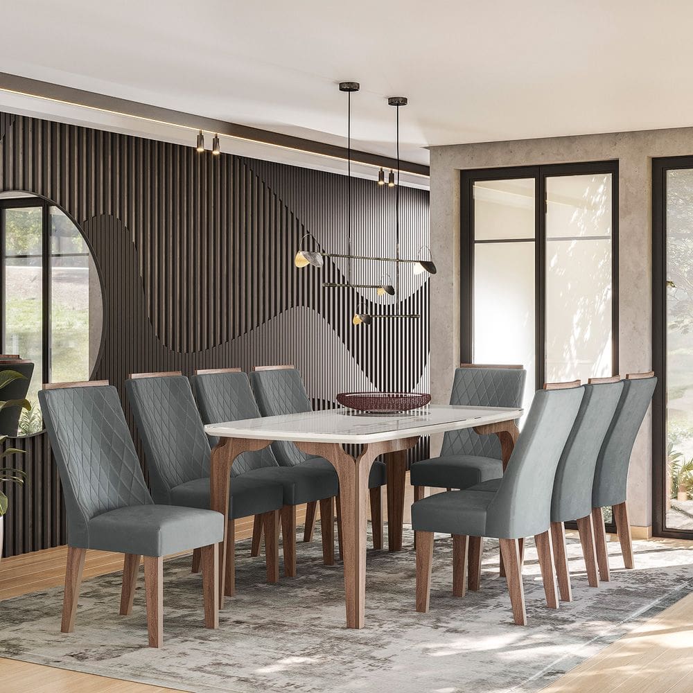 Conjunto Sala de Jantar Romenia Gold 1,83 com 8 Cadeiras Amendoa 03A