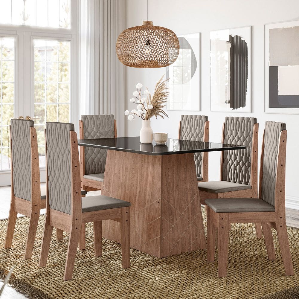 Conjunto Sala de Jantar Libia 1,35 com 6 Cadeiras Amendoa 01A