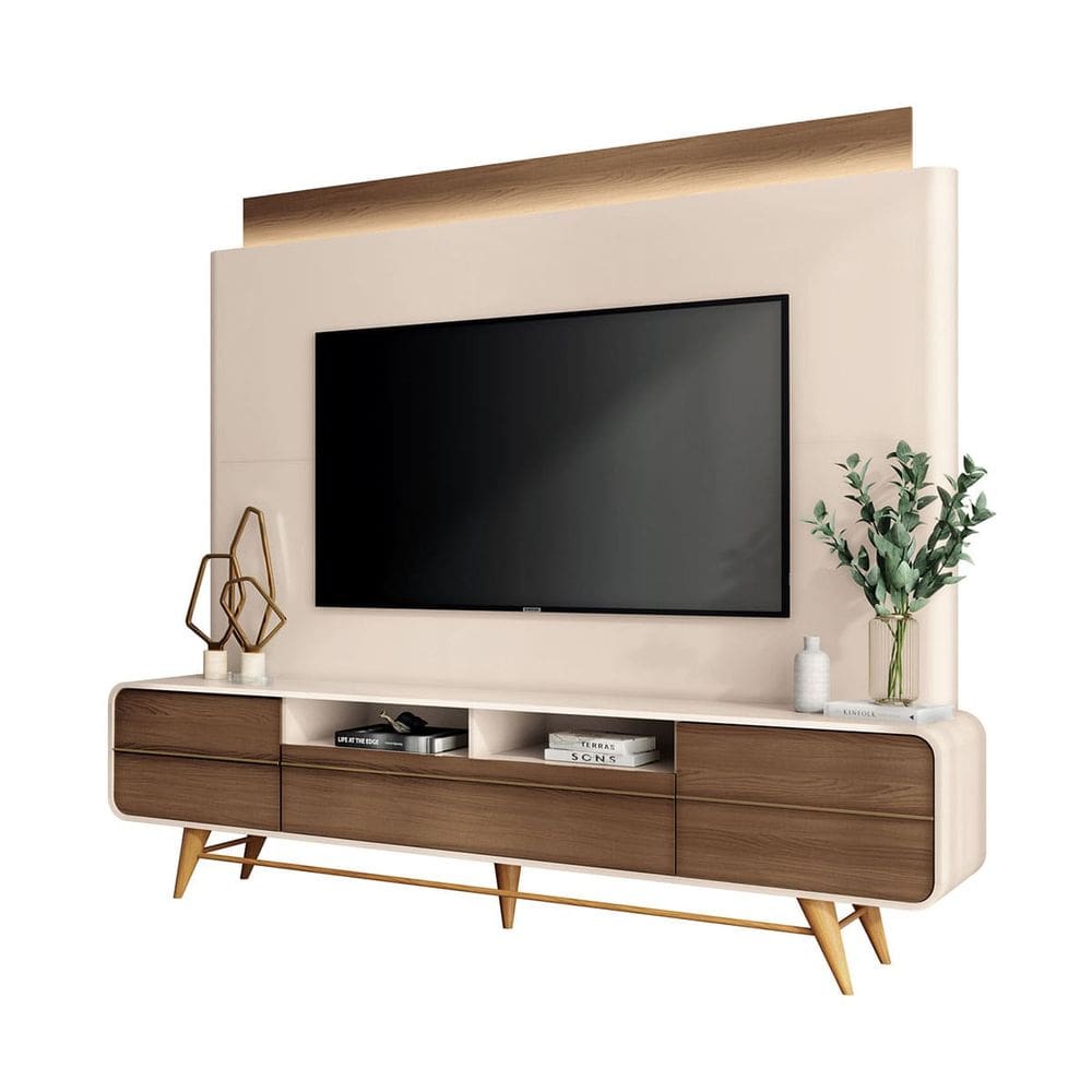 Estante Painel Para Tv 85 Polegadas Lazares 220x191-Off White-Castanho-EdeCasaMoveis