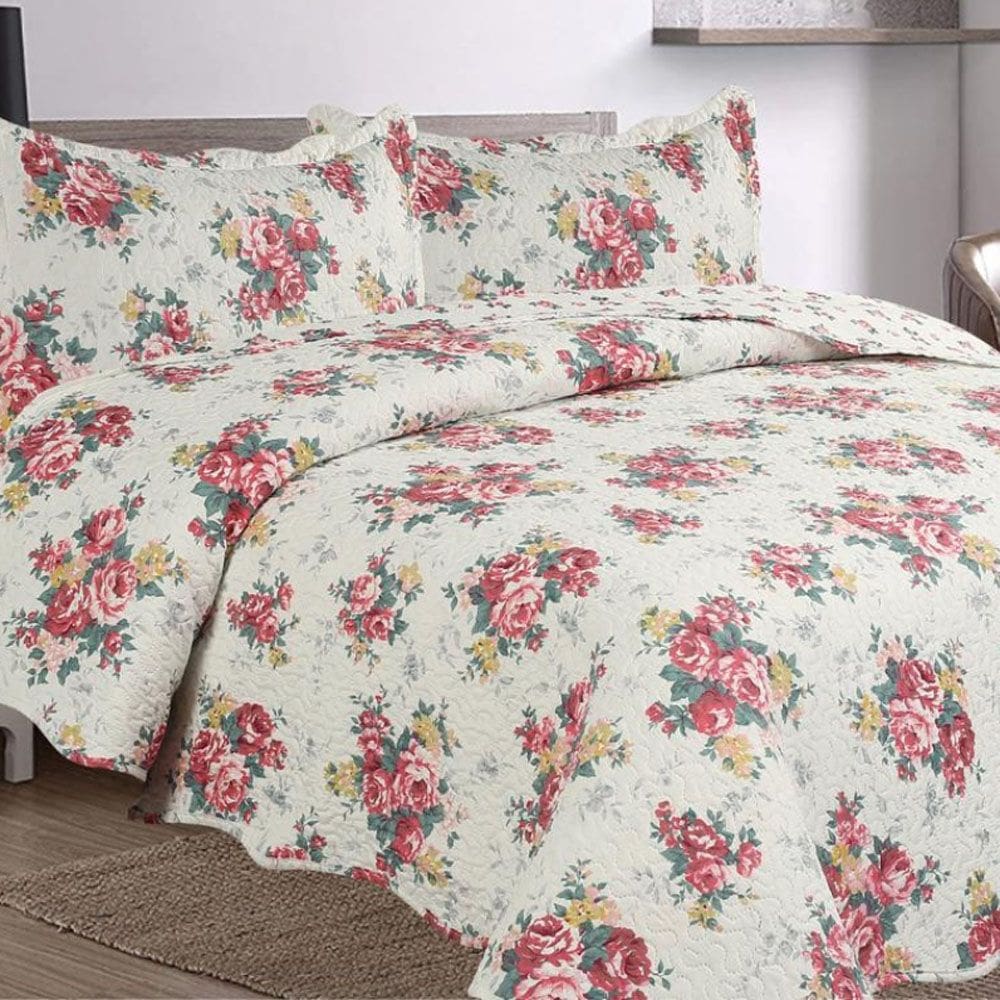 Kit Cobre Leito Colcha Mix King Estampado Dupla Face Floral 3 Peças - Maracris