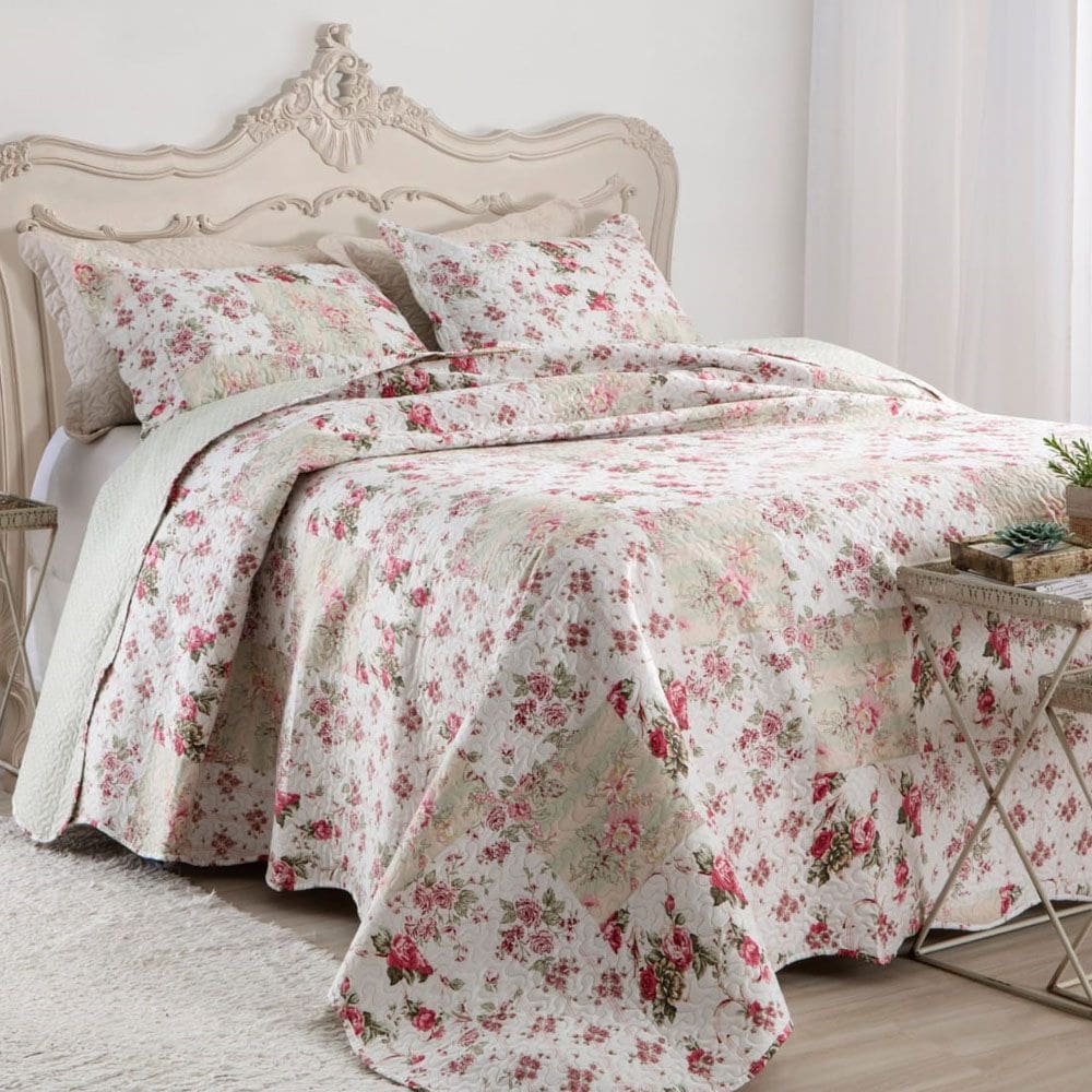 Kit Cobre Leito Colcha Mix King Estampado Dupla Face Floral 3 Peças - Isabela