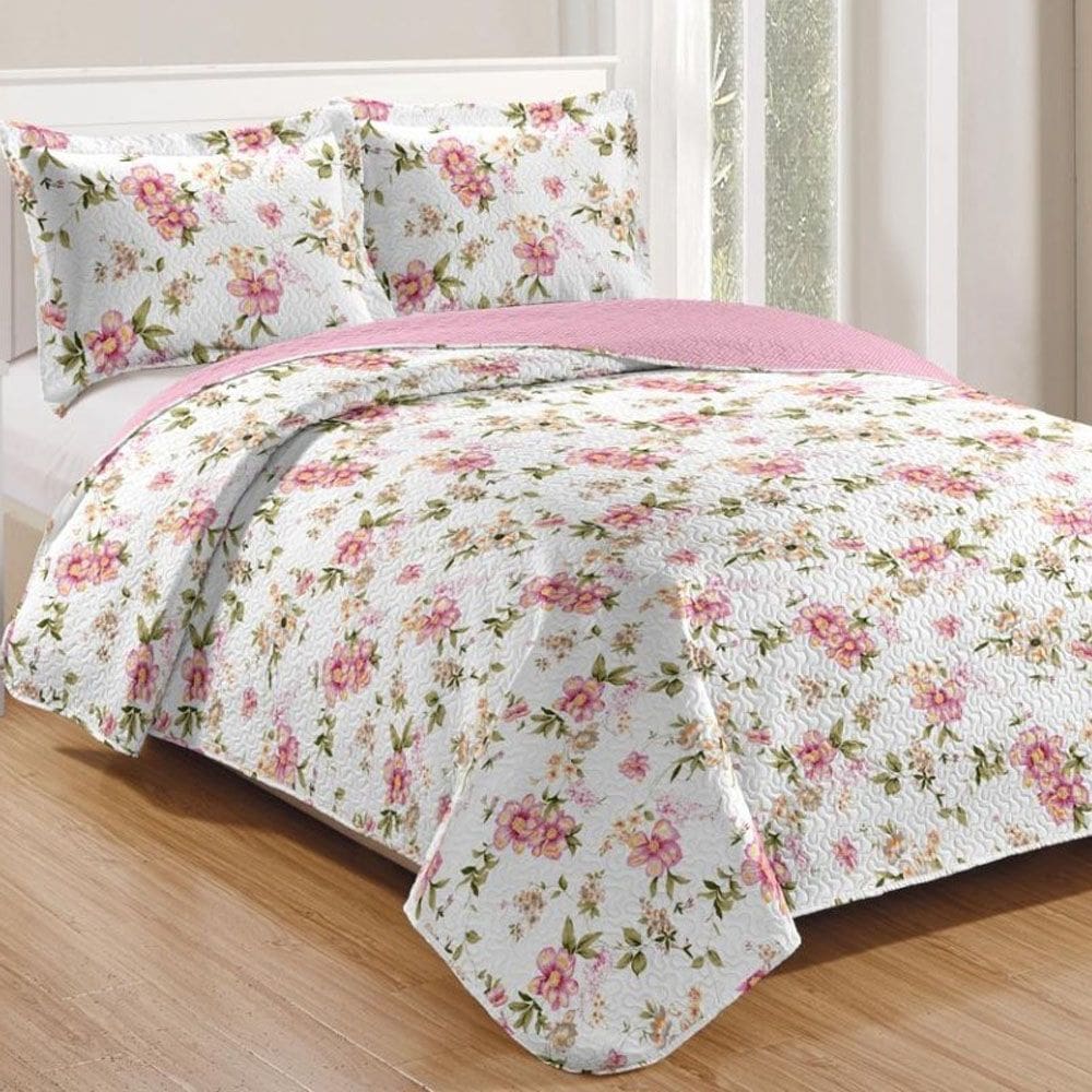 Kit Cobre Leito Colcha Mix King Estampado Dupla Face Floral 3 Peças - Nádia