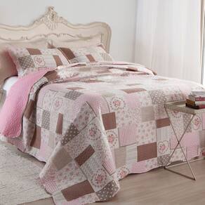 Kit Cobre Leito Colcha Mix King Estampado Dupla Face Floral 3 Peças - Mara