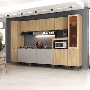 Cozinha Completa 7 Peças 100% Mdf Ibiza Louro Freijó/Cinza