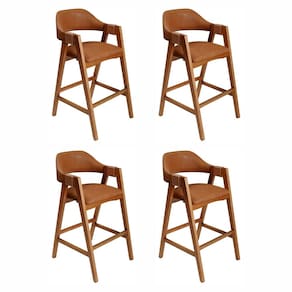 Conjunto 4 Banquetas de Madeira Maciça Tauari, Estofada e Braço com Corda Náutica Bélgica imbuia/Conhaque
