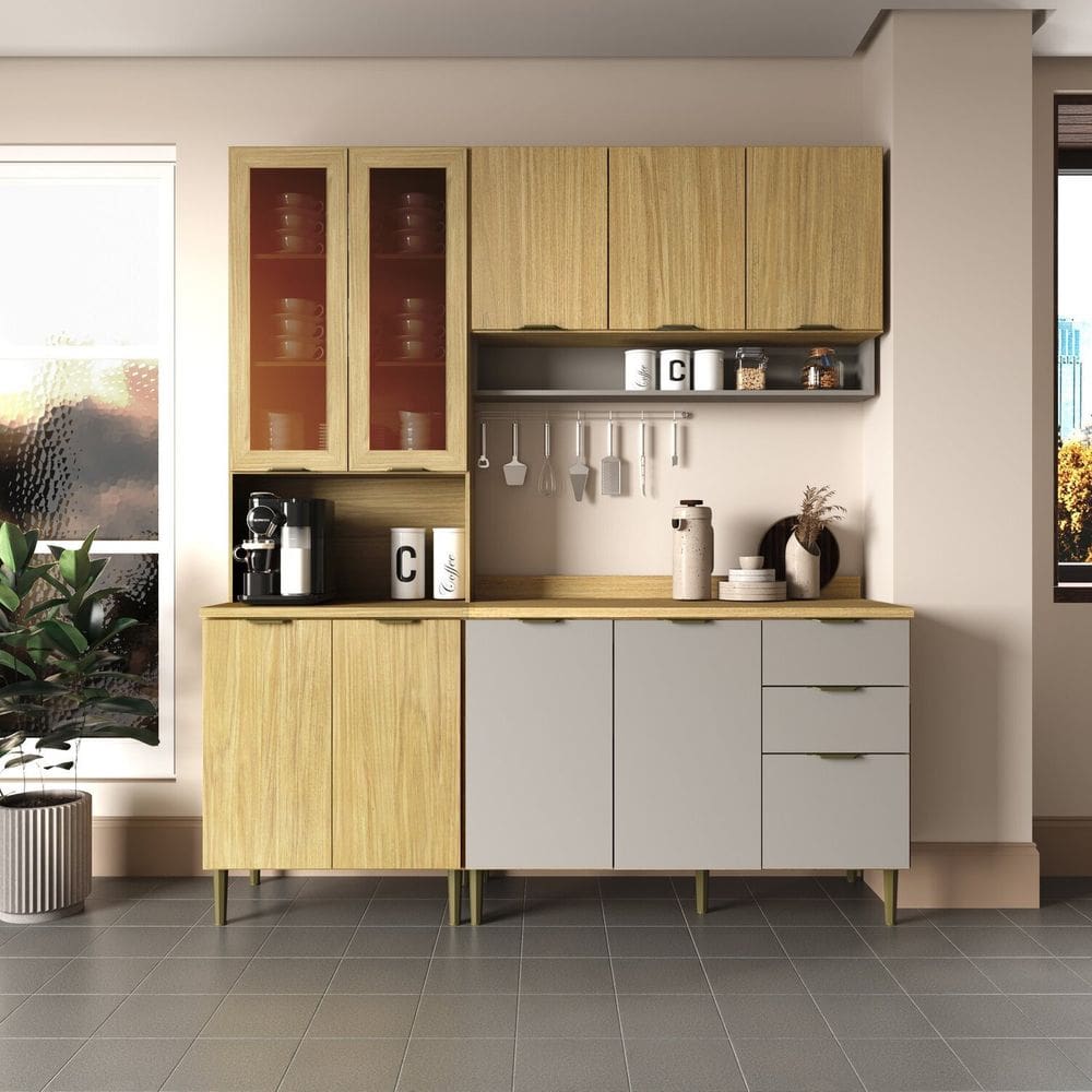 Cozinha Completa 3 Peças 100% Mdf Ibiza Louro Freijó/Cinza