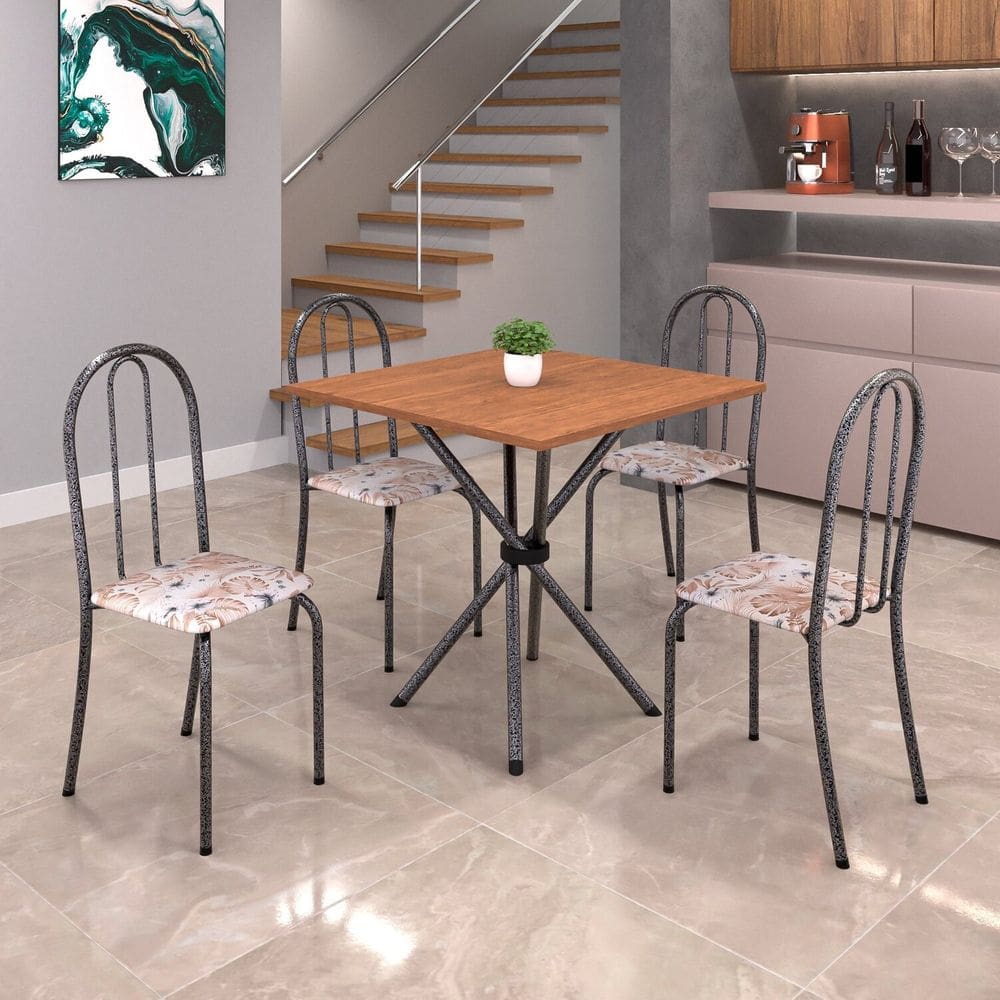 Conjunto de Mesa Tubular 70cm X 70cm Tampo em Mdf com 4 Cadeiras Ane B Botanic Bege / Mart Prata
