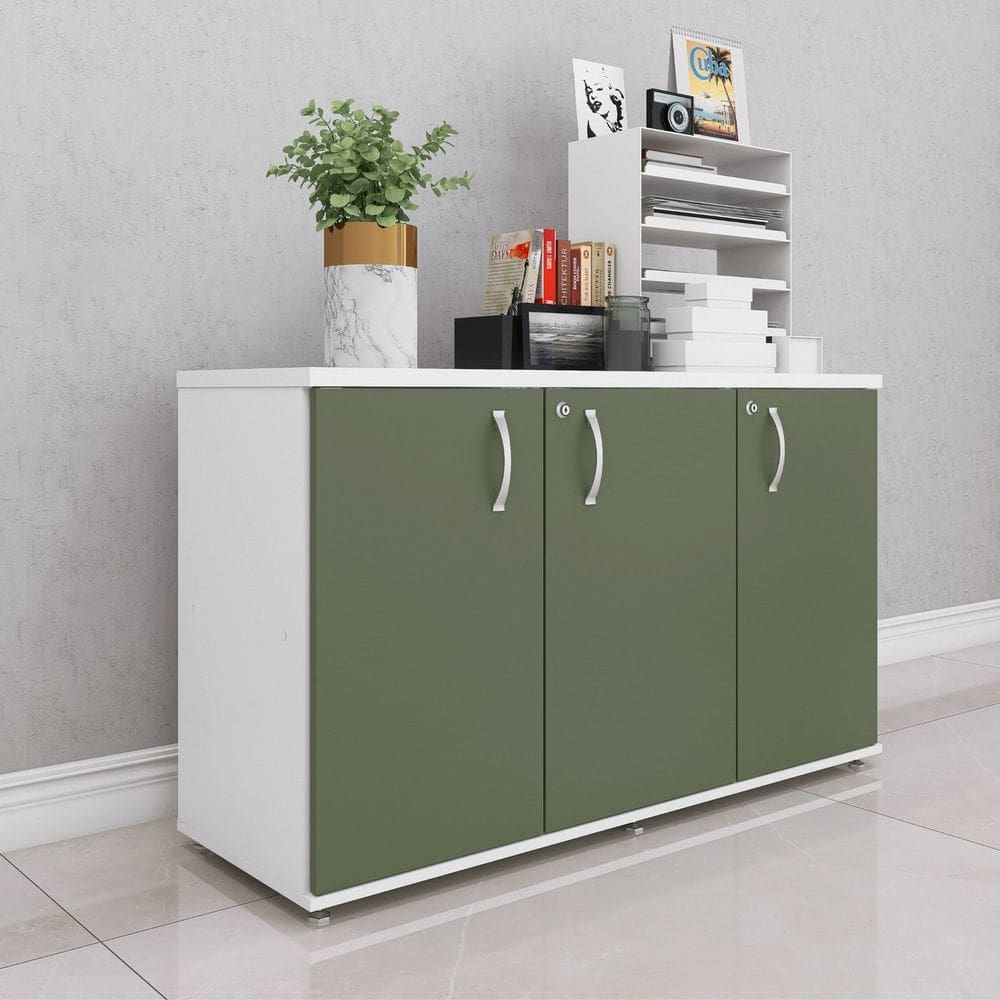 Armário para Escritório Credenza 03 Portas Pivotante Branco/Salvia