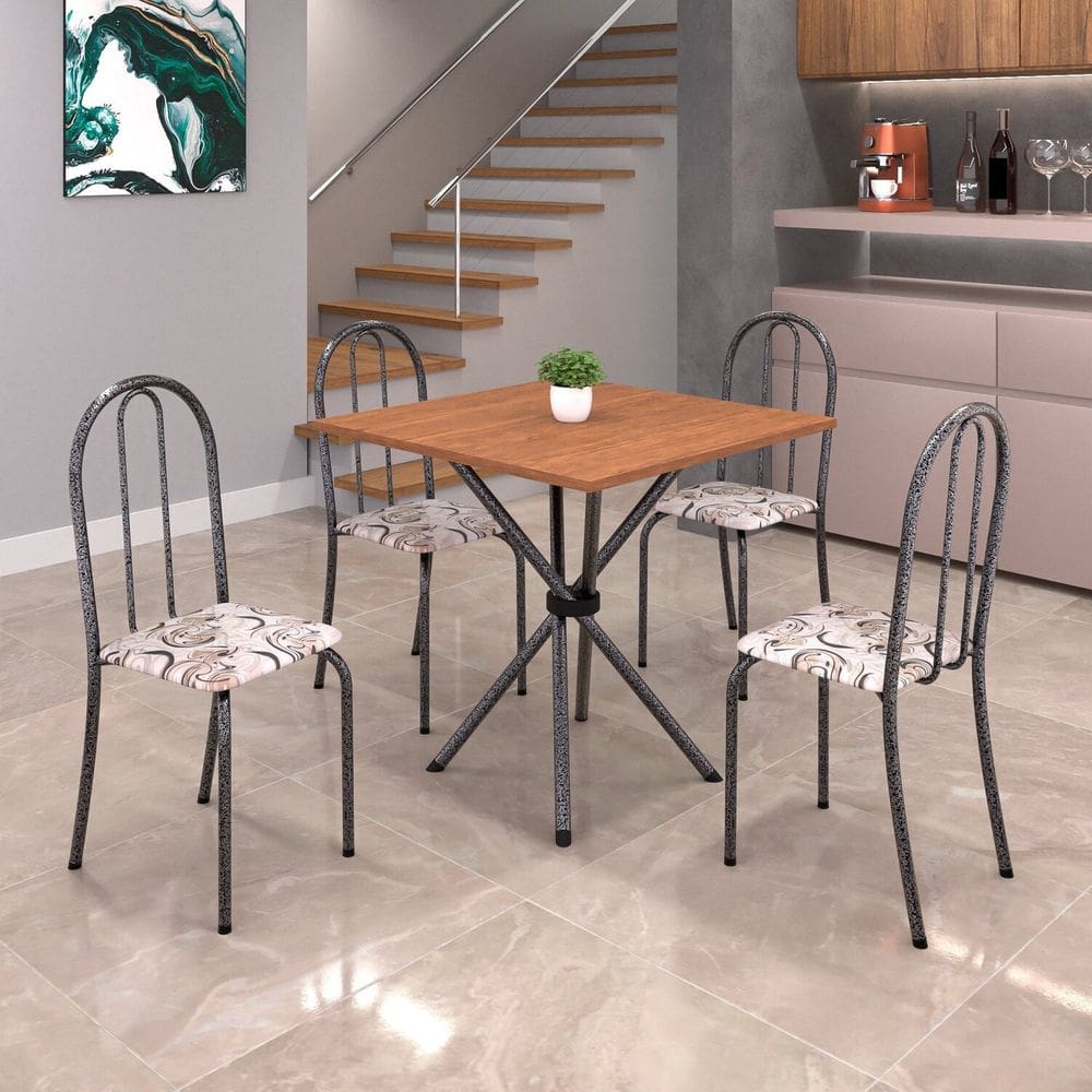 Conjunto de Mesa Tubular 70cm X 70cm Tampo em Mdf com 4 Cadeiras Ane B Arabesco/ Mart Prata
