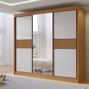 Guarda-roupa Casal 3 Portas de Correr com Espelho 100% Mdf Cristal Cinamomo / Off White
