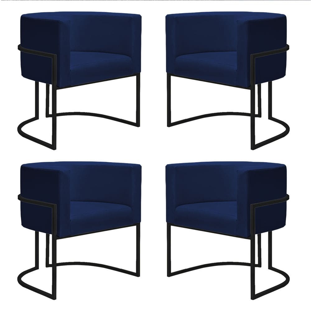 Kit 4 Poltronas Reforçadas Decorativa Sala Nayara Base Ferro Preto Suede Azul Marinho