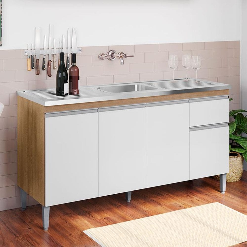 Balcão de Pia Ambiente Tatiane 145cm Amêndoa Branco - AJL