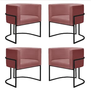Kit 4 Poltronas Reforçadas Decorativa Sala Nayara Base Ferro Preto Suede Rose