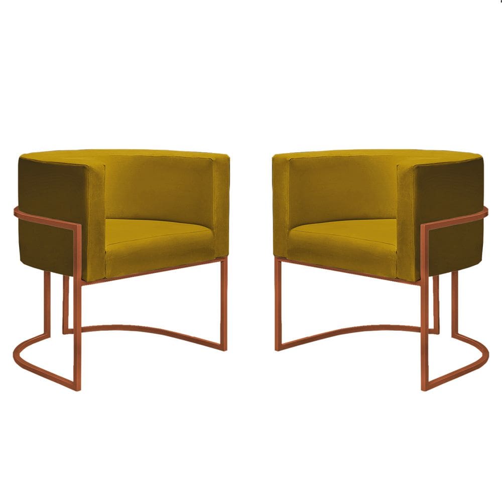 Kit 2 Poltronas Reforçadas Decorativa Sala Nayara Base Ferro Bronze Suede Amarelo