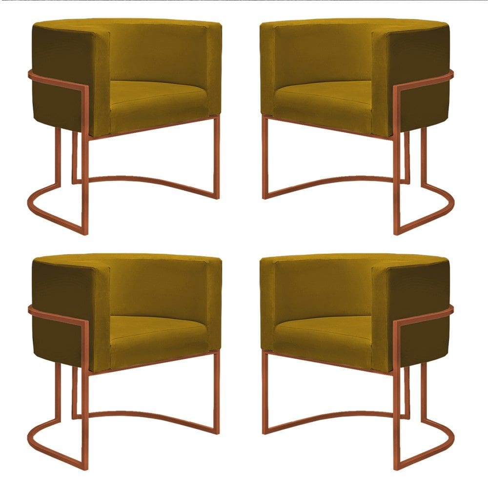 Kit 4 Poltronas Reforçadas Decorativa Sala Nayara Base Ferro Bronze Suede Mostarda