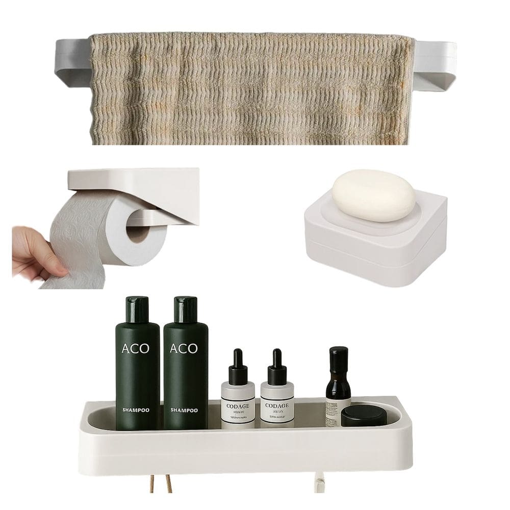 Kit Banheiro 4pç Saboneteira + Papeleira + Porta Shampoo + Toalheiro Com Adesivo Bege - Eleve Ou