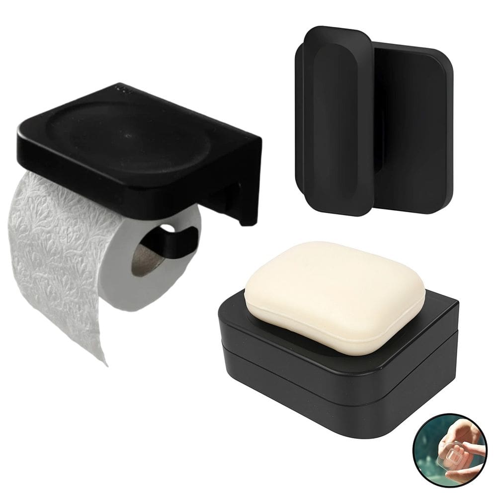Kit Banheiro 3pç Saboneteira + Papeleira + Gancho Com Adesivo Preto - Eleve Ou
