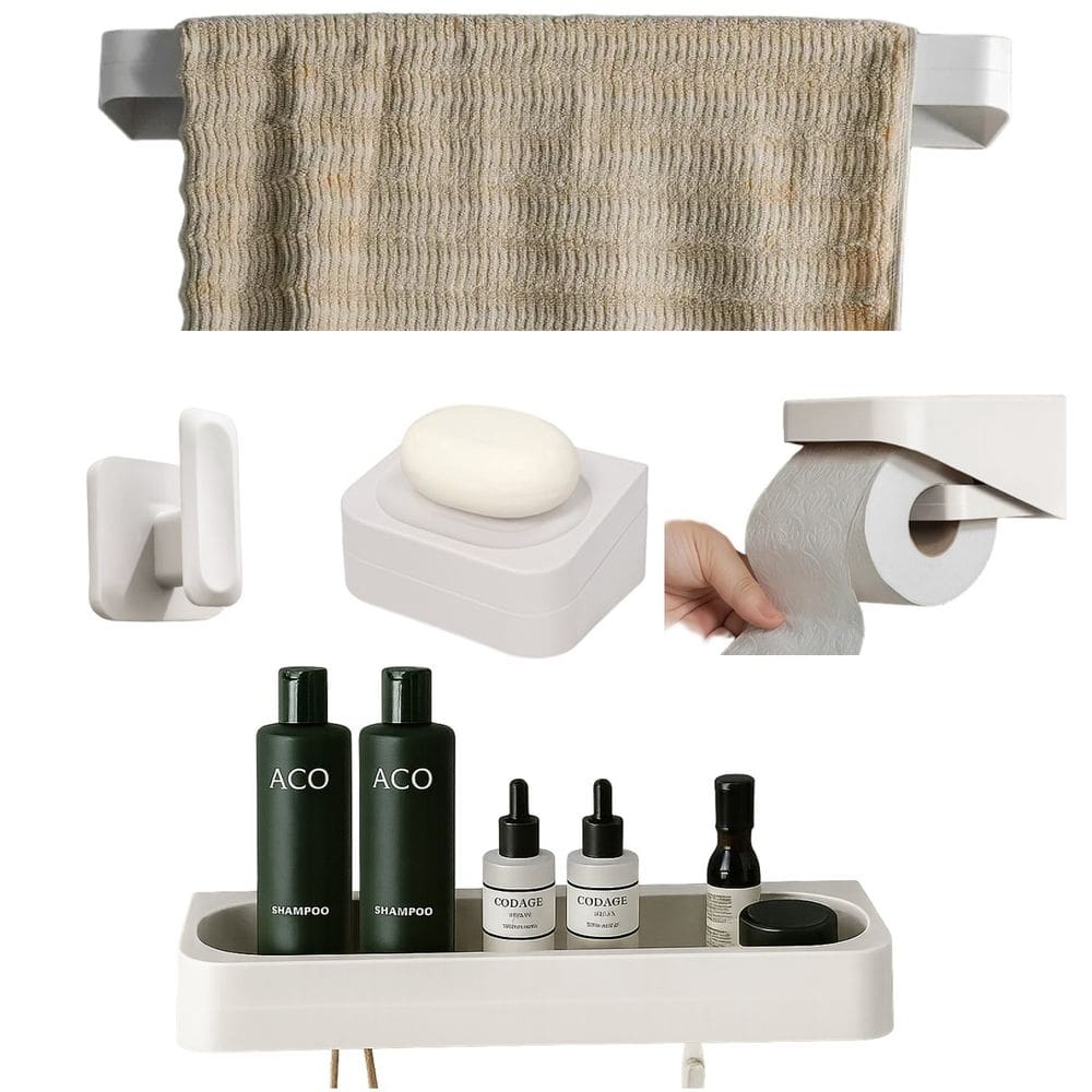 Kit Banheiro 5pç Saboneteira + Papeleira + Porta Shampoo + Toalheiro + Gancho Com Adesivo Bege - Eleve Ou