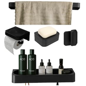 Kit Banheiro 5pç Saboneteira + Papeleira + Porta Shampoo + Toalheiro Gancho Com Adesivo Preto - Eleve Ou