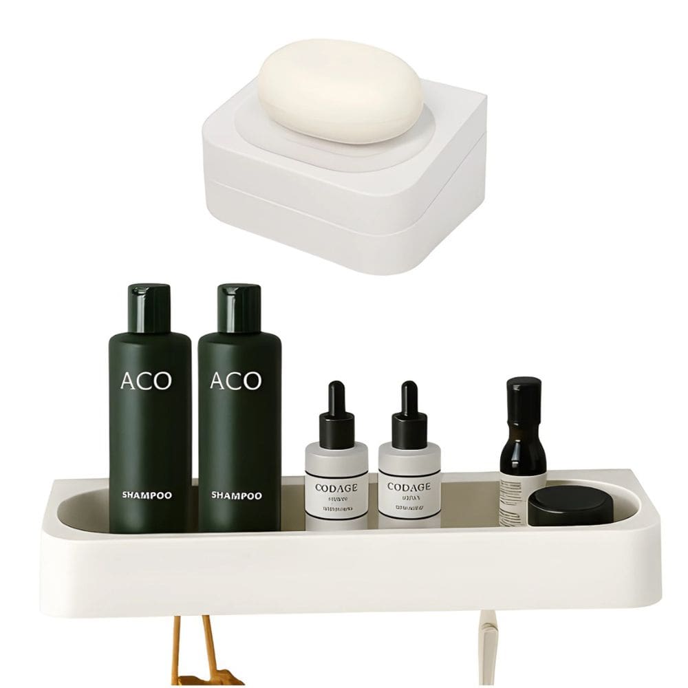 Kit Banheiro 2pç Saboneteira + Porta Shampoo Com Adesivo Bege - Eleve Ou