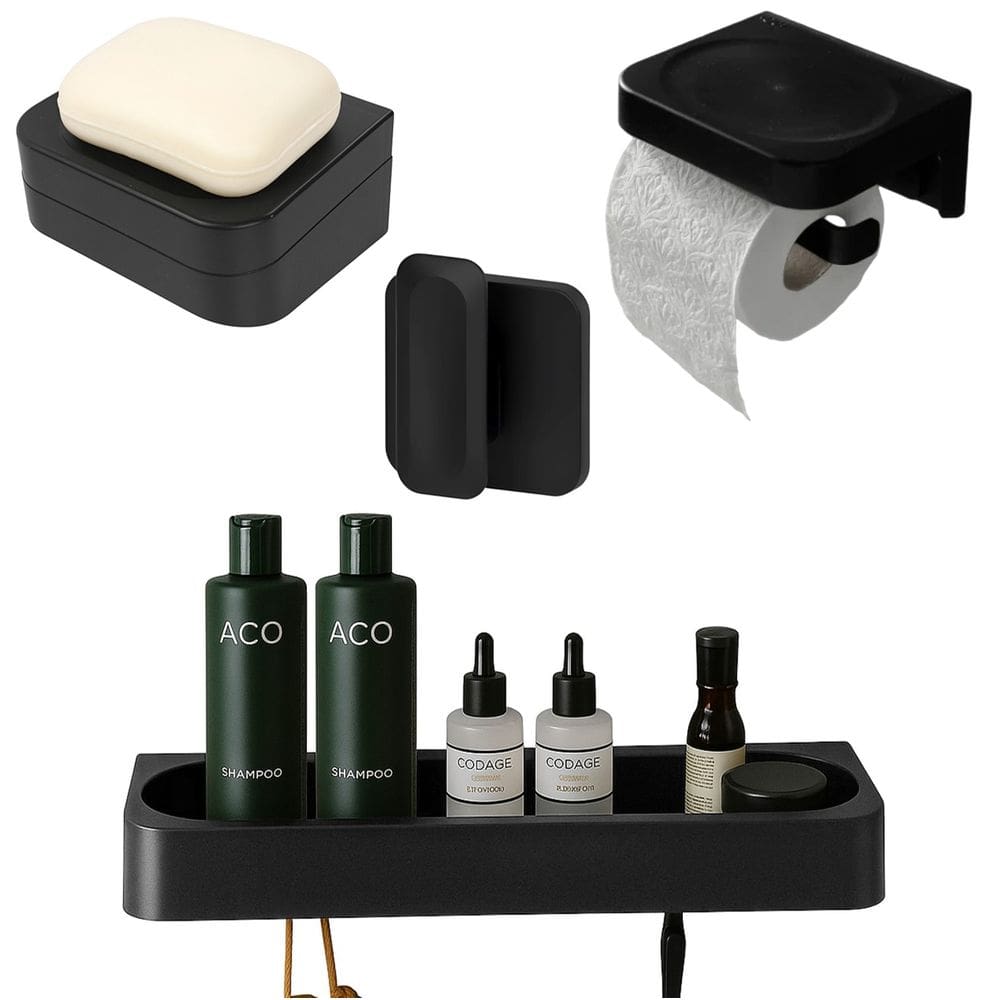Kit Banheiro 4pç Saboneteira + Papeleira + Porta Shampoo + Gancho Com Adesivo Preto - Eleve Ou