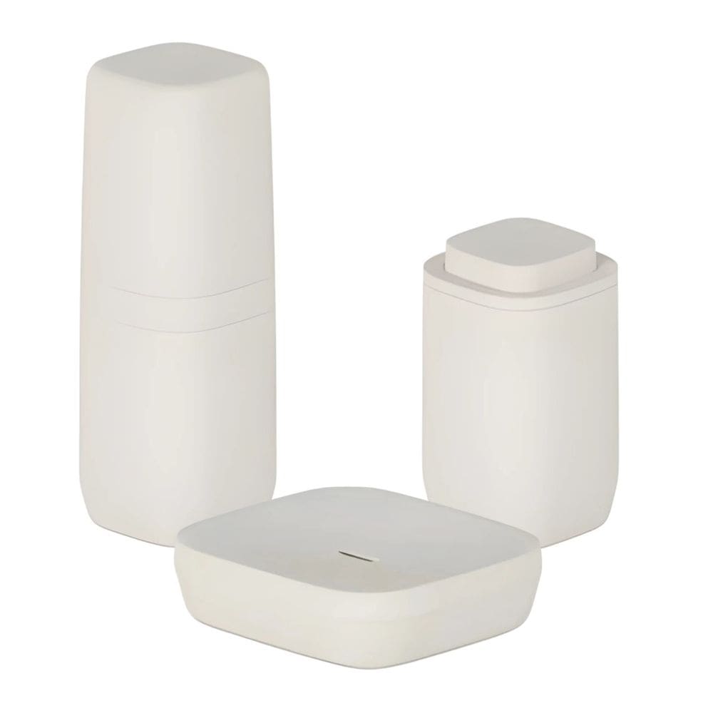 Kit Banheiro 3pç Saboneteira + Porta Escova + Suporte Cotonete Algodão Bege - Aura Ou