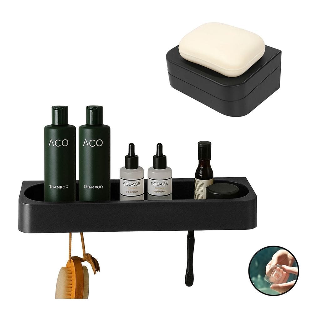 Kit Banheiro 2pç Saboneteira + Porta Shampoo Com Adesivo Preto - Eleve Ou