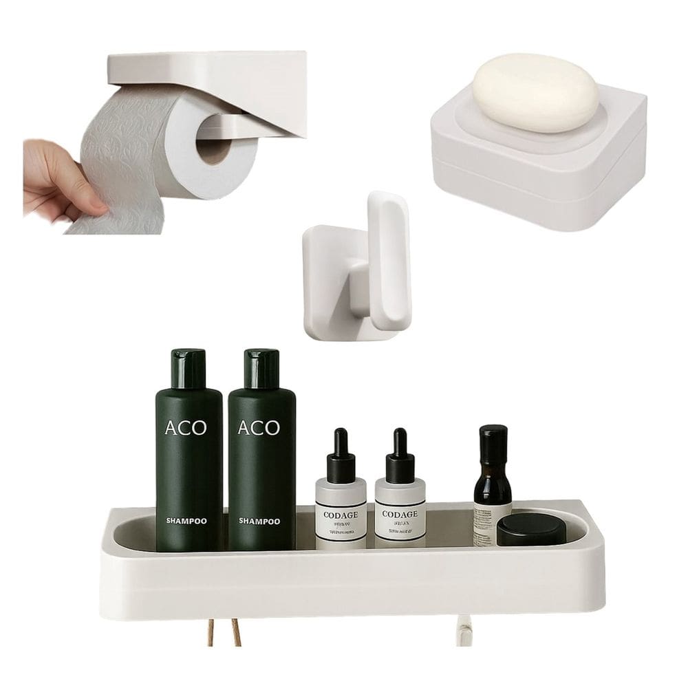 Kit Banheiro 4pç Saboneteira + Papeleira + Porta Shampoo + Gancho Com Adesivo Bege - Eleve Ou