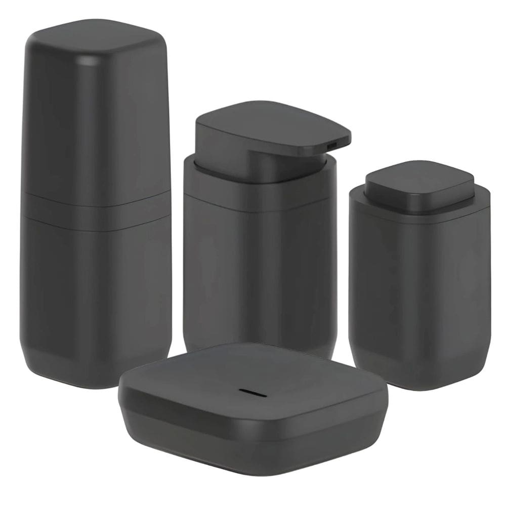 Kit Banheiro 4pç Saboneteira + Porta Escova + Dispenser + Suporte Cotonete Algodão Preto - Aura Ou