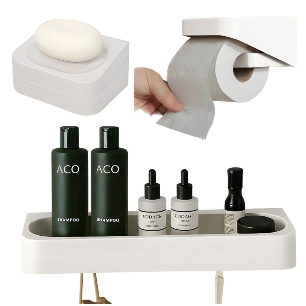Kit Banheiro 3pç Saboneteira + Papeleira + Porta Shampoo Com Adesivo Bege - Eleve Ou