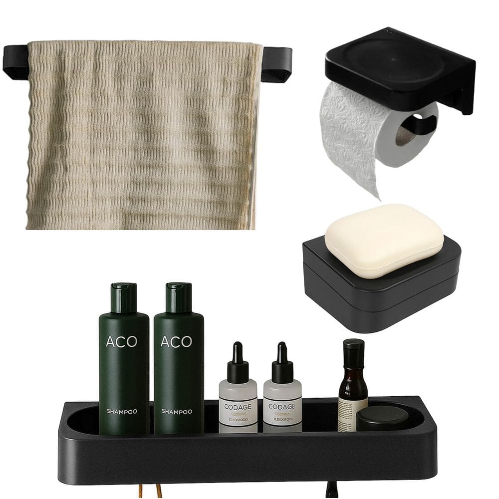 Kit Banheiro 4pç Saboneteira + Papeleira + Porta Shampoo + Toalheiro Com Adesivo Preto - Eleve Ou