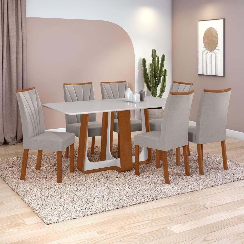 Conjunto Sala de Jantar Mesa Easy Pop 170x90cm Tampo Vidro/MDF com 6 Cadeiras Confort Veludo Liso Capuccino Frassino/off White