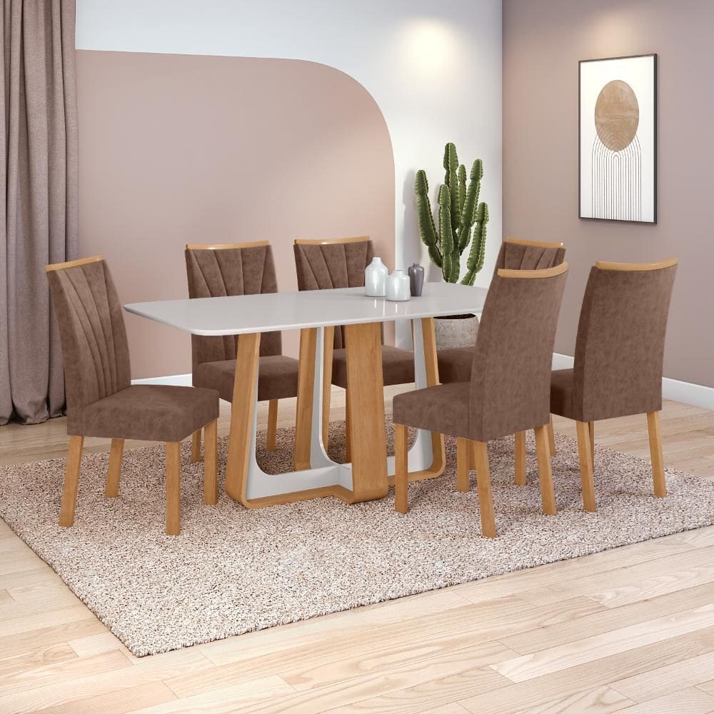 Conjunto Sala de Jantar Mesa Easy Pop 170x90cm Tampo Vidro/MDF com 6 Cadeiras Confort Couro Morano Avelã Amendoa Clean/off White