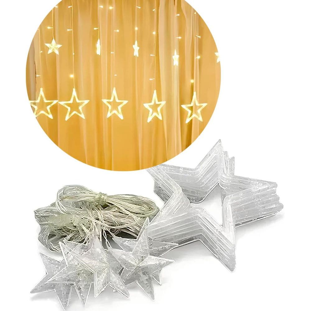 Decoração Natal Cascata Estrela 138 Lâmpadas LEDs Amarelo 3M