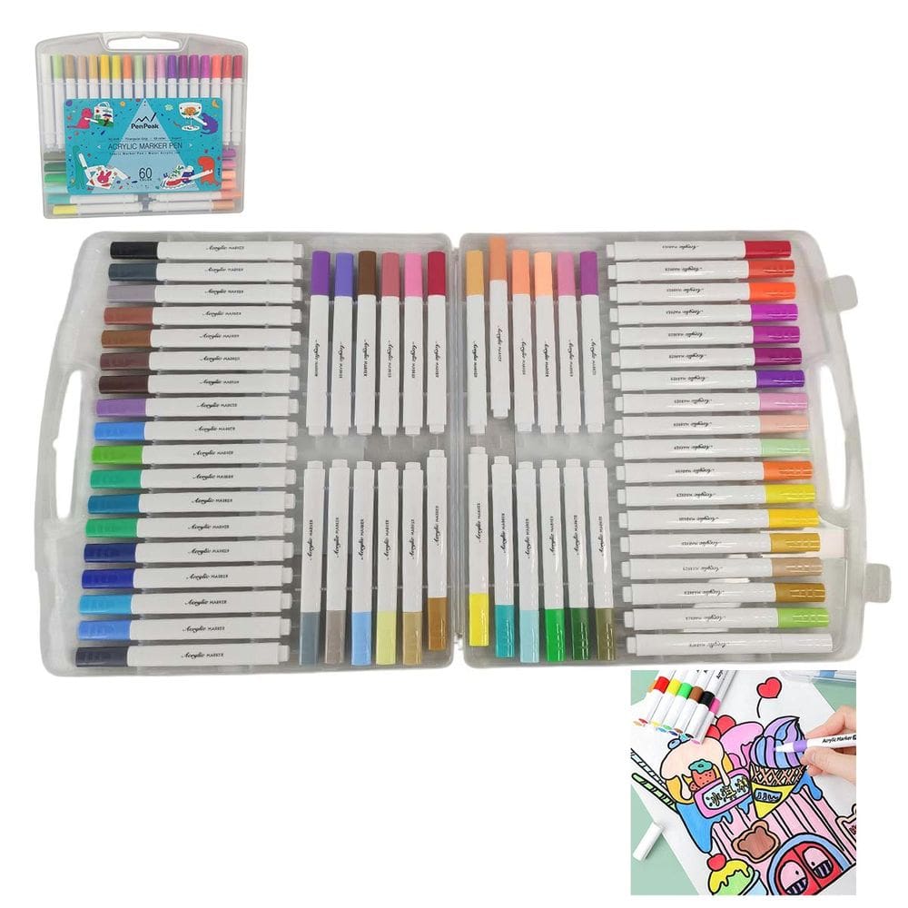 Canetinha Caneta Marcador 60 Cores Tinta Acrilica A Prova dAgua Permanente Maleta Estojo Artesanato Pintura Escultura