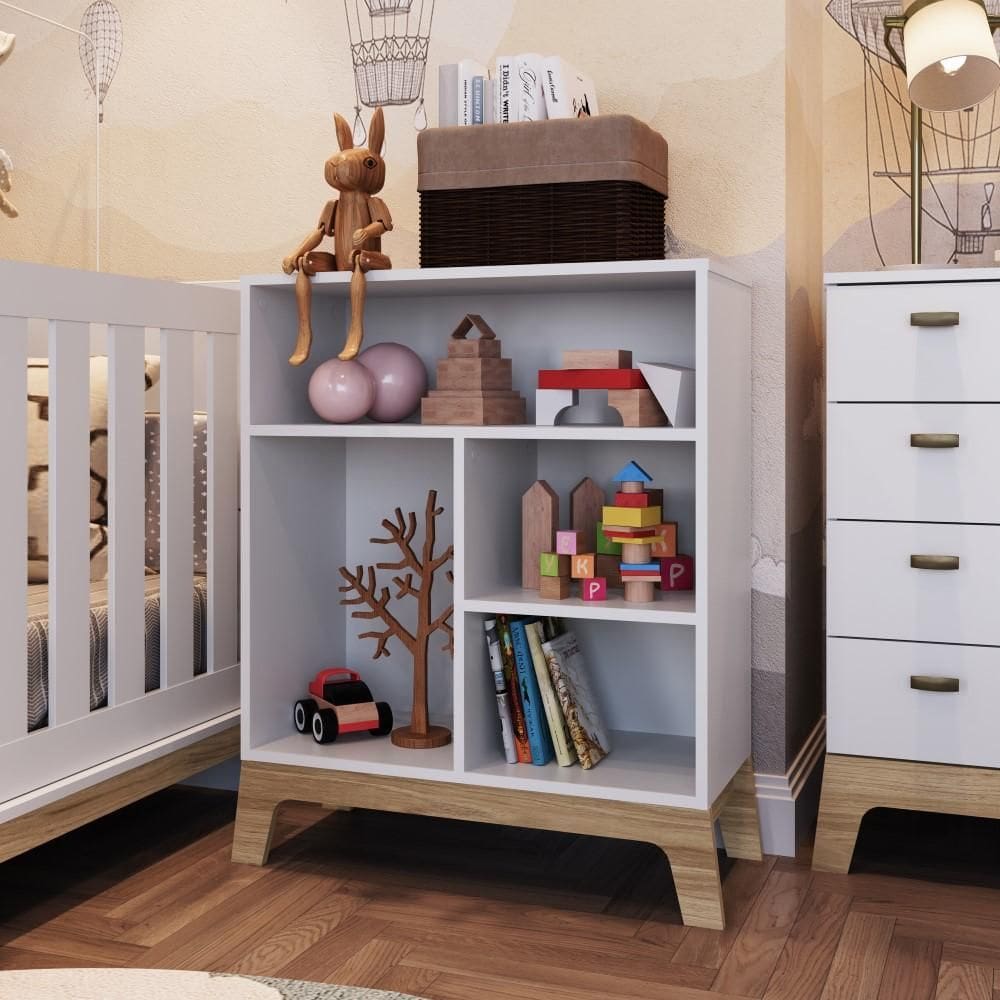Estante Infantil Armário Organizador Multiuso 4 Nichos Pés Marrom Madeira Design Retrô Branco