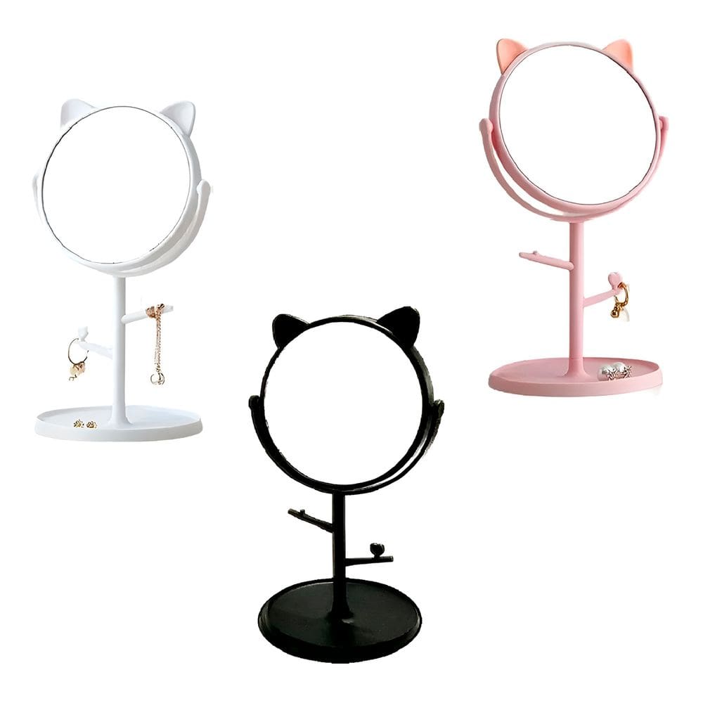 Espelho de Mesa com Suporte Orelha de Gatinho Maquiagem Cor:Rosa