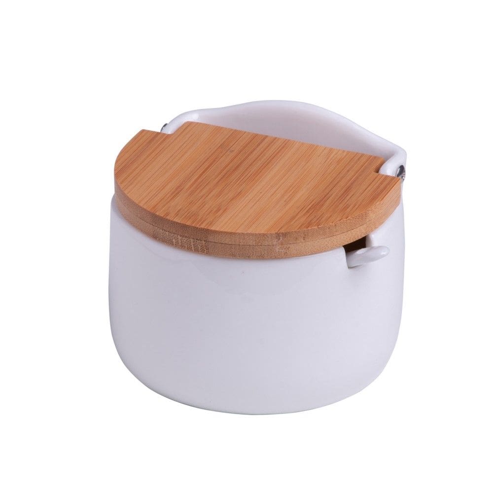 Saleiro de Mesa de Cerâmica com Tampa de Bambu Branco 10 x 9,5 x 9,5 cm Lyor