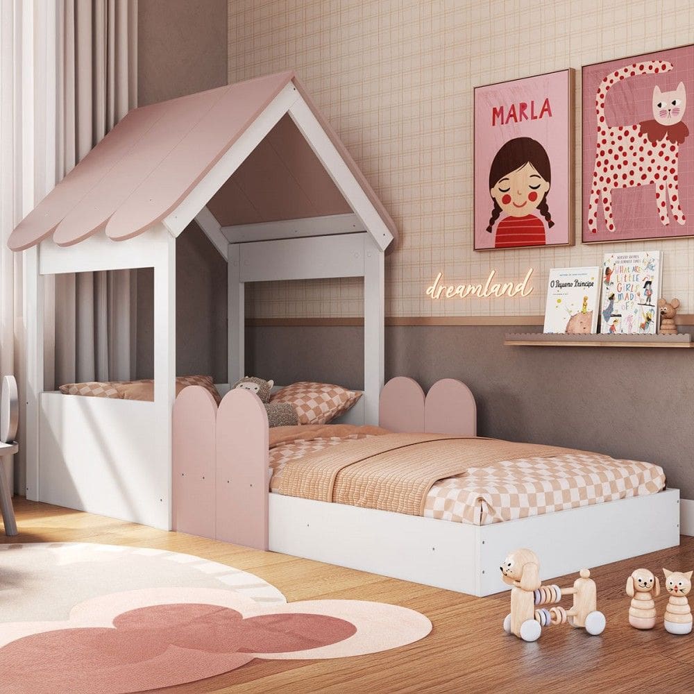 Cama Infantil Montessoriana Casinha Branco/Rosa Milkshake - Completa Móveis