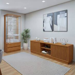 Sala de Estar Completa Lisboa Logan 4 Portas 2 Gavetas com Vidro 100% Mdf com Led Naturalle - Mavaular