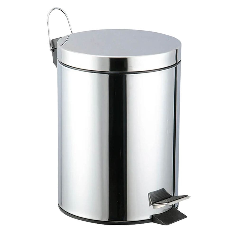 Lixeira inox 5L com pedal antiderrapante, balde removível e alça. Ideal para banheiros, cozinhas e escritórios. Compacta, higiênica e moderna