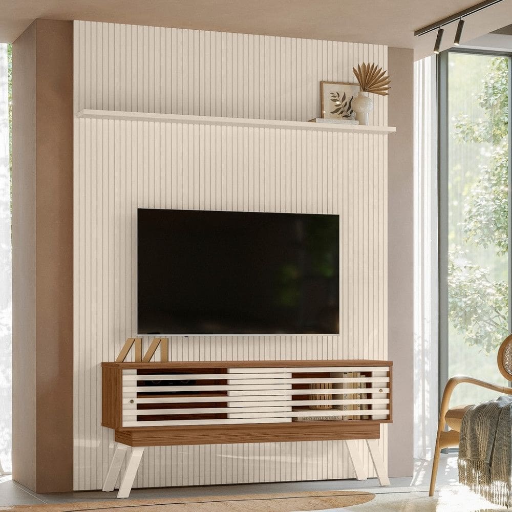 Rack com Painel Frisado para TV até 65 Polegadas 2 Portas de Correr com Pés New Premium Madetec