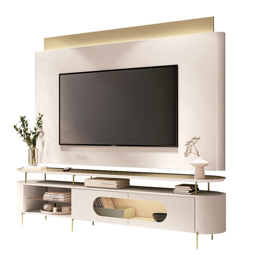 Rack Bancada Ária com Painel Suspenso Nobre Champanhe Off White - HB Móveis