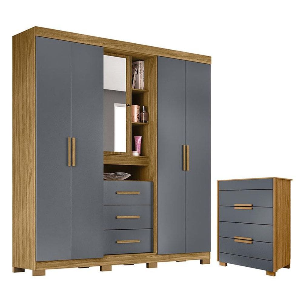 Guarda Roupa Solteiro Eldorado e Cômoda Dhara Freijó Cinza - Moval