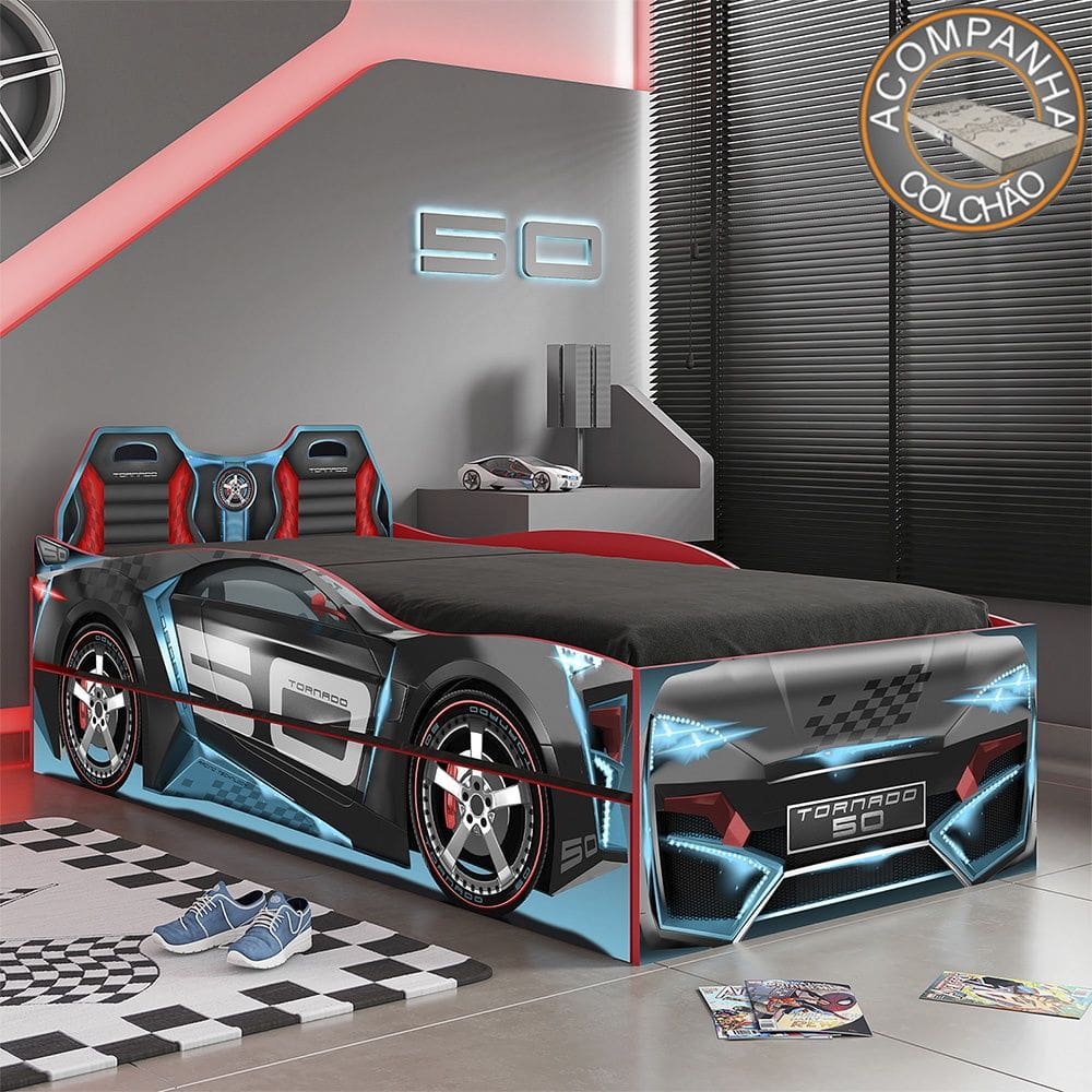 Bicama Infantil Carros Tornado Fun Preto Azul Pura Magia + Colchão Gazin