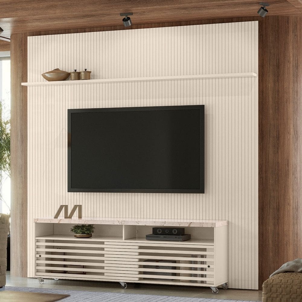 Rack com Painel Frisado para TV até 65 Polegadas 2 Portas de Correr com Rodízios Frizz New Prestige Madetec