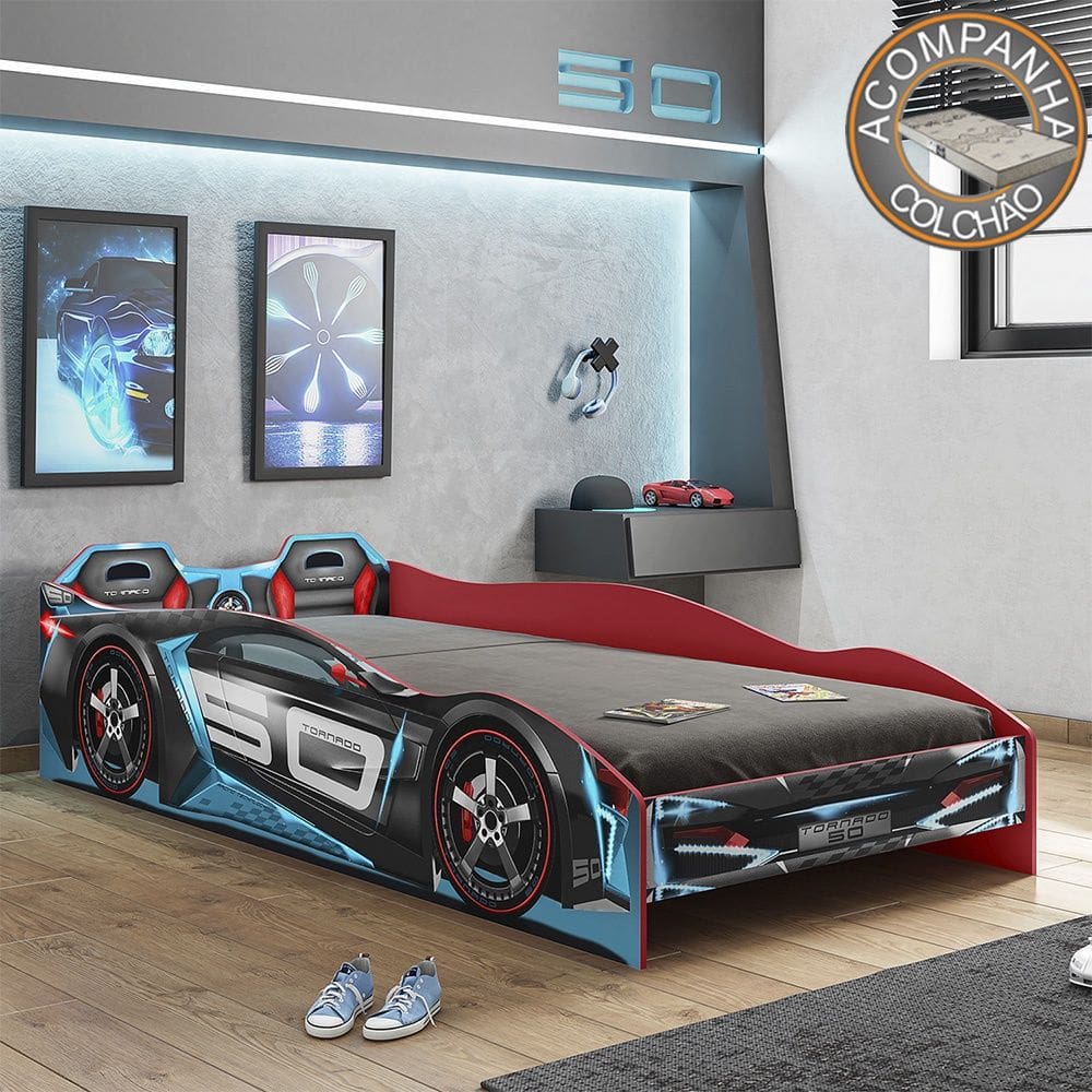 Cama Infantil Carros Tornado Plus Preto Azul Pura Magia Com Colchão Gazin