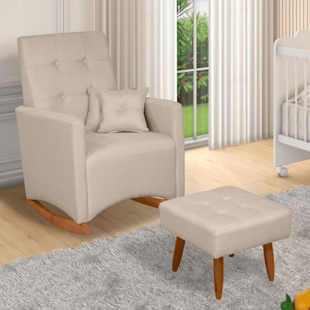 Poltrona de Amamentação Balanço Com Puff Ana Tecido Linho